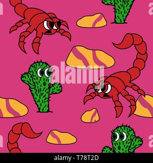 cute cactus and angry scorpion in dessert image. seamless vector pattern Stock Vector