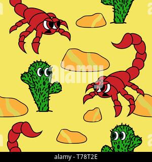 cute cactus and angry scorpion in dessert image. seamless vector pattern Stock Vector