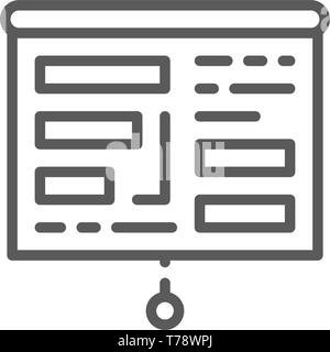Projector screen with presentation, tables, charts line icon. Stock Vector