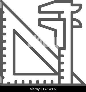 Engineering tools, split key and triangular ruler line icon. Stock Vector