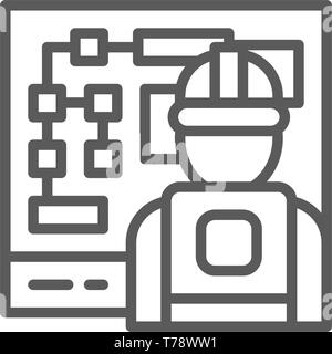 Engineer at workplace, electric management board line icon. Stock Vector