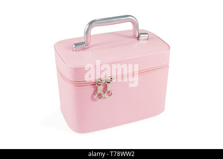 Closed pink bag for cosmetics on zipper, isolated on white background Stock Photo