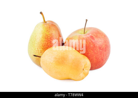 red apple and two yellow pears of different varieties isolated on white background Stock Photo