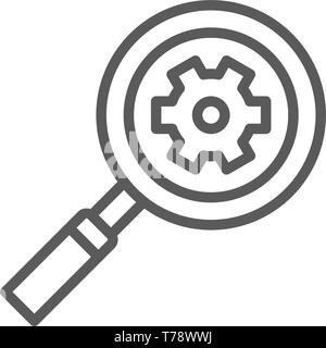 Magnifying glass with gear wheel, factory performance analysis, plant research line icon. Stock Vector