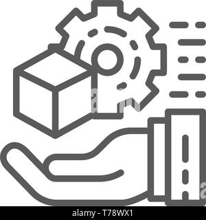 Hand with gear wheel and cube, engineering tools concept line icon. Stock Vector