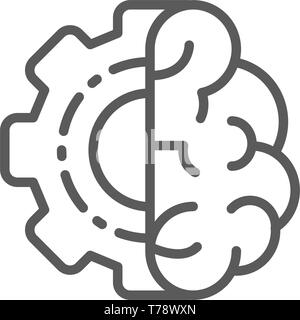 Brain with gear wheel, engineer mind, intellect line icon. Stock Vector