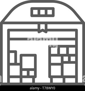 Warehouse with parcels line icon. Stock Vector