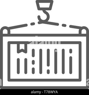 Hook with container, crane lift line icon. Stock Vector