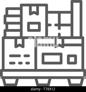 Different boxes on pallets line icon. Stock Vector