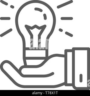 Light bulb in hand, idea generation, creative line icon. Stock Vector