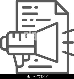 Advertisement text, announcement, document with loudspeaker line icon. Stock Vector