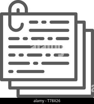 Stack of notes, documents with paperclip, recipe, text line icon. Stock Vector
