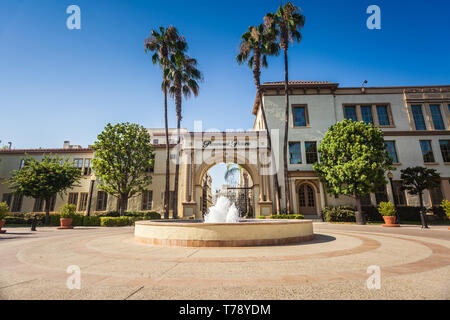 LOS ANGELES, CALIFORNIA - Jul 28, 2018: Paramount Pictures studio entrance with fountain. Paramount Pictures is a motion picture studio in California. Stock Photo