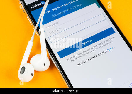 Helsinki, Finland, May 4, 2019: Linkedin homepage on Apple iPhone X screen close-up. Linkedin app icon. linkedin.com. Social media app. Social network Stock Photo