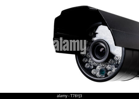 CCTV security camera video equipment. Surveillance monitoring. Video camera lens closeup. Macro shot. Security concept. Security camera isolated on wh Stock Photo