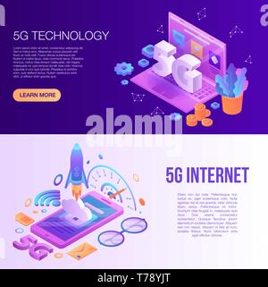 5G technology banner set, isometric style Stock Vector
