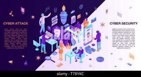 Cyber attack virus concept banner, isometric style Stock Vector
