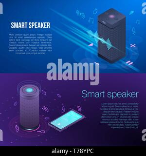 Modern smart speaker banner set, isometric style Stock Vector