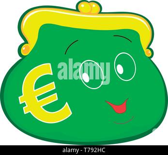 Flat drawing of a green wallet. Wallet with eyes . Euro sign on the wallet. Smiling cartoon wallet. Isolated, white. Vector Stock Vector