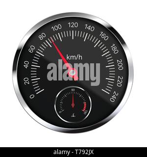 Realistic illustration of black metal speedometer with reflections, red hand and white and numbers. Coolant Temperature Meter. Isolated on white - vec Stock Vector