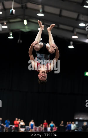Telford, England, UK. 27 April, 2018. A female gymnast from Durham City Gymnastics Club in action during Spring Series 1 at the Telford International Centre, Telford, UK.