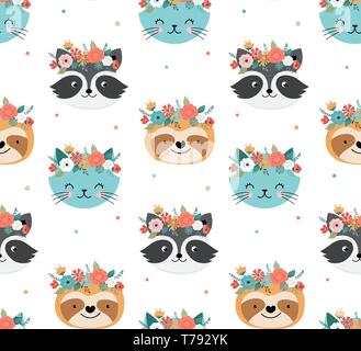 Cute racoon, cat and sloth heads with flower crown, vector seamless pattern design for nursery, poster, birthday greeting card Stock Vector