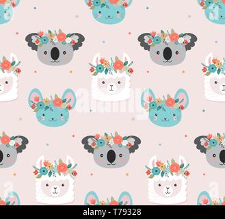 Cute koala, llama and mouse heads with flower crown, vector seamless pattern design for nursery, poster, birthday greeting card Stock Vector