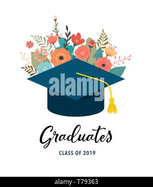 Graduate class of 2019. Caps and flowers on a white background. Vector illustration, banner design Stock Vector