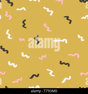 Hand drawn abstract pattern in pink, green, dark brown and cream. Cute and playful textile, wallpaper, greeting card, packaging design. Stock Vector