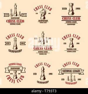 Set of chess club emblems. Design element for poster, logo, label, sign. Vector illustration Stock Vector