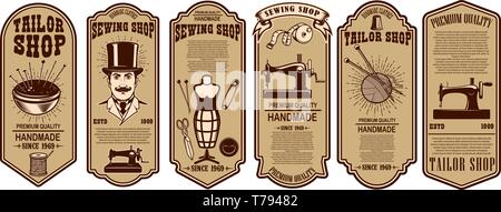Set of sewing shop label templates. Design element for logo, label, sign, poster. Vector illustration Stock Vector