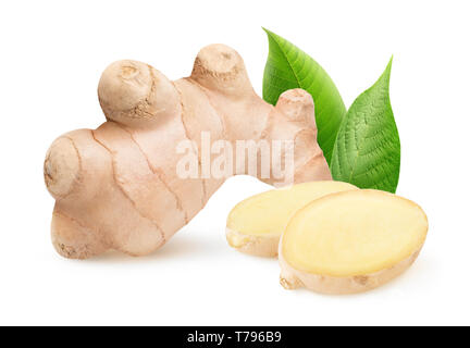Isolated ginger. Piece of raw ginger root and leaves isolated on white background with clipping path Stock Photo