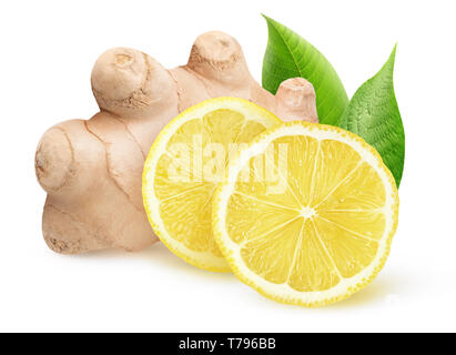 Isolated ginger and lemon pieces. Natural medicine, antiflu ingredients isolated on white background with clipping path Stock Photo