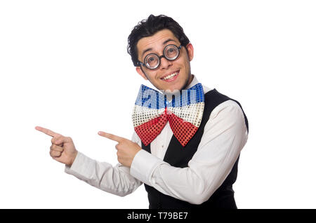 Funny man wearing giant bow tie Stock Photo