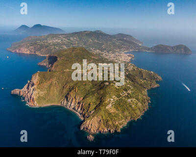 Aerial view of Lipari, the largest of the Aeolian Islands in the Tyrrhenian Sea off the northern coast of Sicily, southern Italy Stock Photo