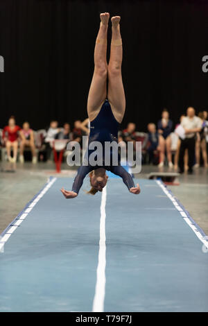 Telford, England, UK. 27 April, 2018. A female gymnast from Wakefield Gymnastics Club in action during Spring Series 1 at the Telford International Centre, Telford, UK.
