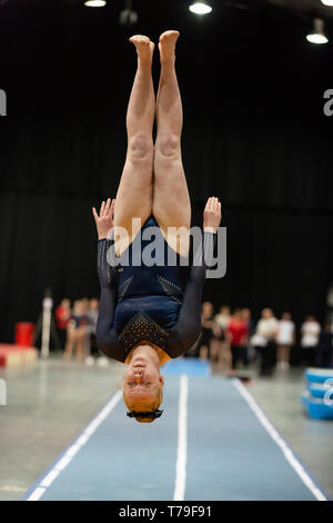 Telford, England, UK. 27 April, 2018. A female gymnast from Wakefield Gymnastics Club in action during Spring Series 1 at the Telford International Centre, Telford, UK.