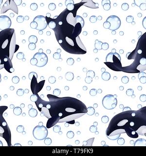 Seamless pattern of killer whales. Cartoon orcas Stock Photo