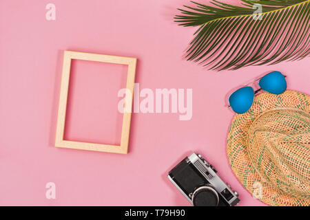 Summer vacation concept. stylish sunglasses, retro photo camera and green palm leaves on pink background, flat lay. space for text Stock Photo