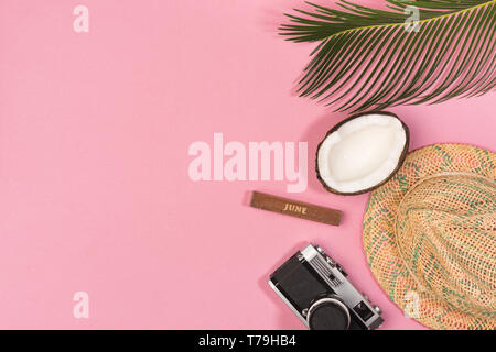 Summer vacation concept. stylish hat, retro photo camera and green palm leaves on pink background, flat lay. space for text. Stock Photo