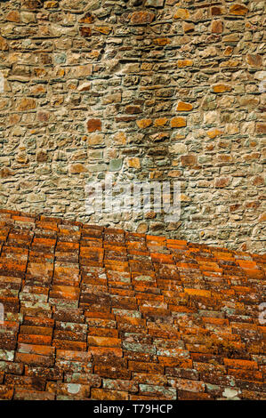 Close-up of shingles on roof covered by lichens and stone wall on sunny day at the Marvao Castle. A medieval hamlet perched on a crag in Portugal. Stock Photo