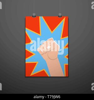 vector symbolic raised clenched power fist male hand protest concept blue kick sign vintage illustration pop art design red dotted backdrop isolated s Stock Vector