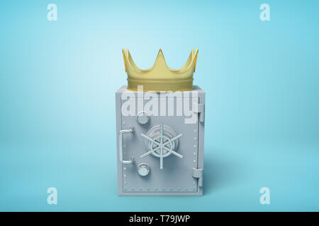 3d front close-up rendering of closed grey metal safe with golden crown on top on light-blue background. Stock Photo