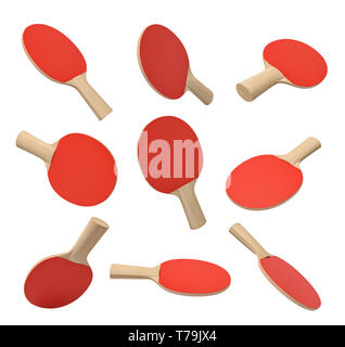 3d rendering of set of ping pong rackets with wooden handle and red rubber on white background. Stock Photo