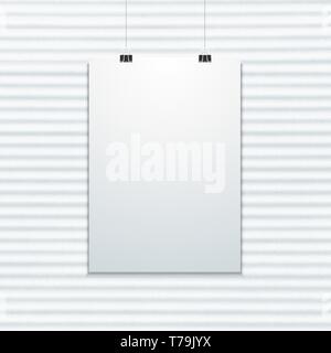 vector vertical white empty poster suspended on office clamps mock up realistic shadow blank template isolated dark fluted metal industrial style text Stock Vector