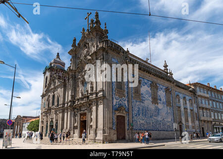 Blue and white tiles on wall of church Igreja das Carmelitas in the centre of Porto, Portugal. Stock Photo