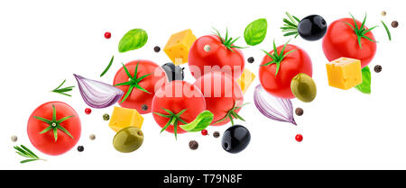 Flying vegetable salad isolated on white background with clipping path, mix of falling fresh salad ingredients: tomatoes, herbs, cheese, olives, basil Stock Photo