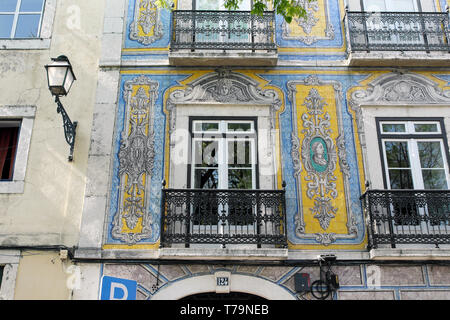 Tiles on facade of building with balconies in Alfama district of Lisbon Portugal Europe EU  KATHY DEWITT Stock Photo