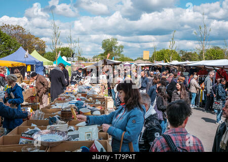 Berlin, Germany - May, 2019: People on flea market at Mauerpark on sunday in Berlin Stock Photo