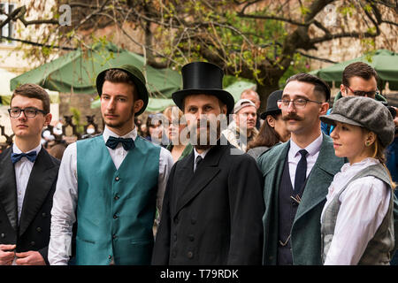 Lviv, Ukraine - May 04, 2019: Retro cross-country bicycles dedicated to the day of the city. Cross participants are preparing to start in the center o Stock Photo